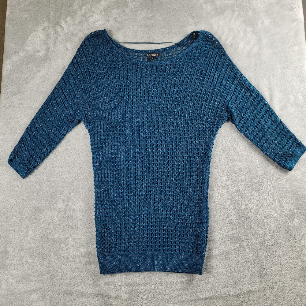 Express Womens Open Knit Pullover Blue Glittery Sweater 3/4 Dolman Sleeve Size S